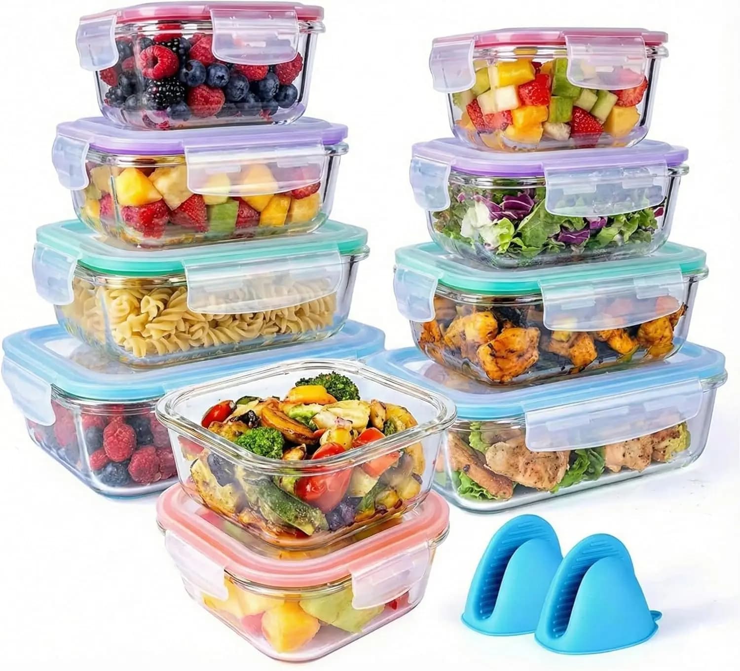 20 Pc Glass Food Storage Containers with Snap Lock Lids, Airtight & Leakproof, Bonus 2 Oven Silicone Gloves, Safe for Dishwashe