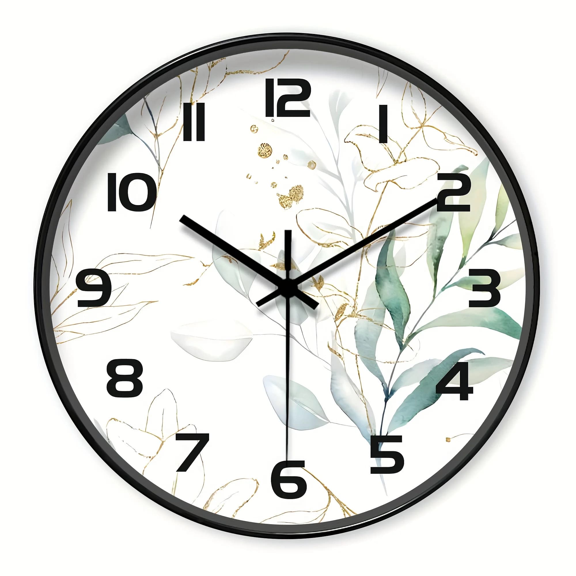 1pc Creative Eucalyptus pattern wall clock, beautiful floral wall clock with mint green and Golden design, Silent clock - for living room, bedroom, kitchen, office decor, home decor, floral wall clock gifts, battery powered