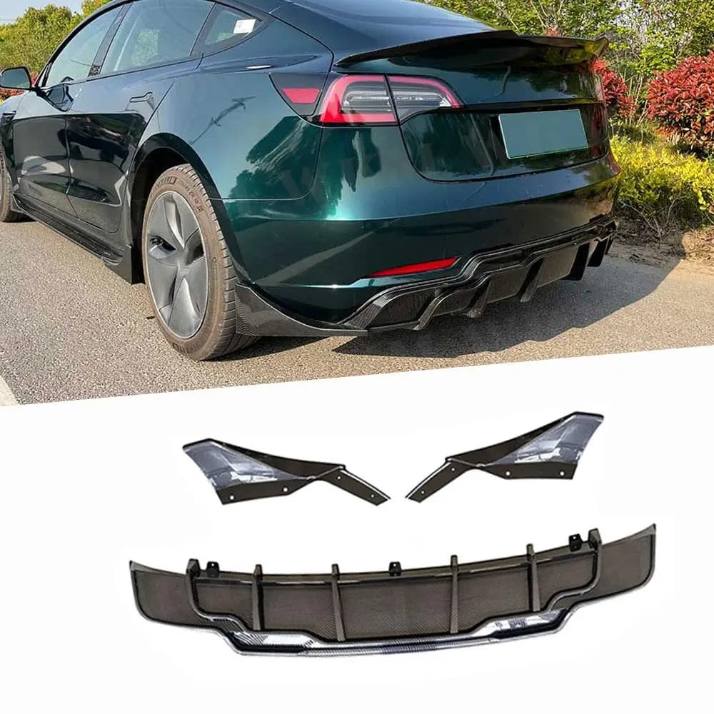 Car Rear Bumper Lip Diffuser with Rear Splitters Spoiler Side Aprons for Tesla Model 3 Car Styling Carbon Gloss Black