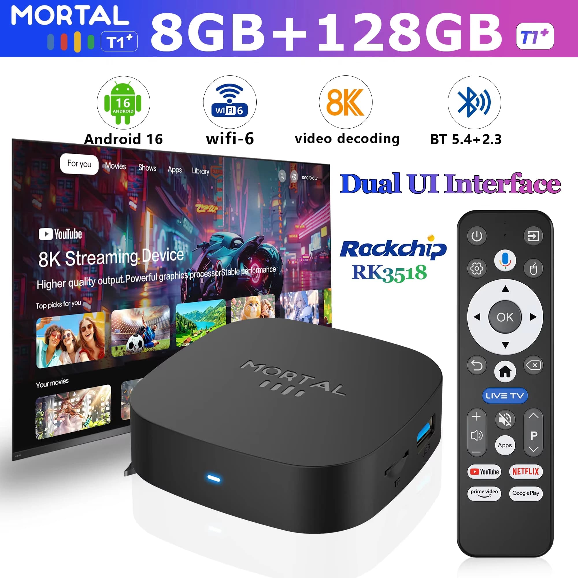 Mortal Android 16 TV Box 8 GB 128 GB Voice control Display support 4K RK3518 T1+ Wifi 6 BT5.0 Decoder Youtube Mini Android TV Box