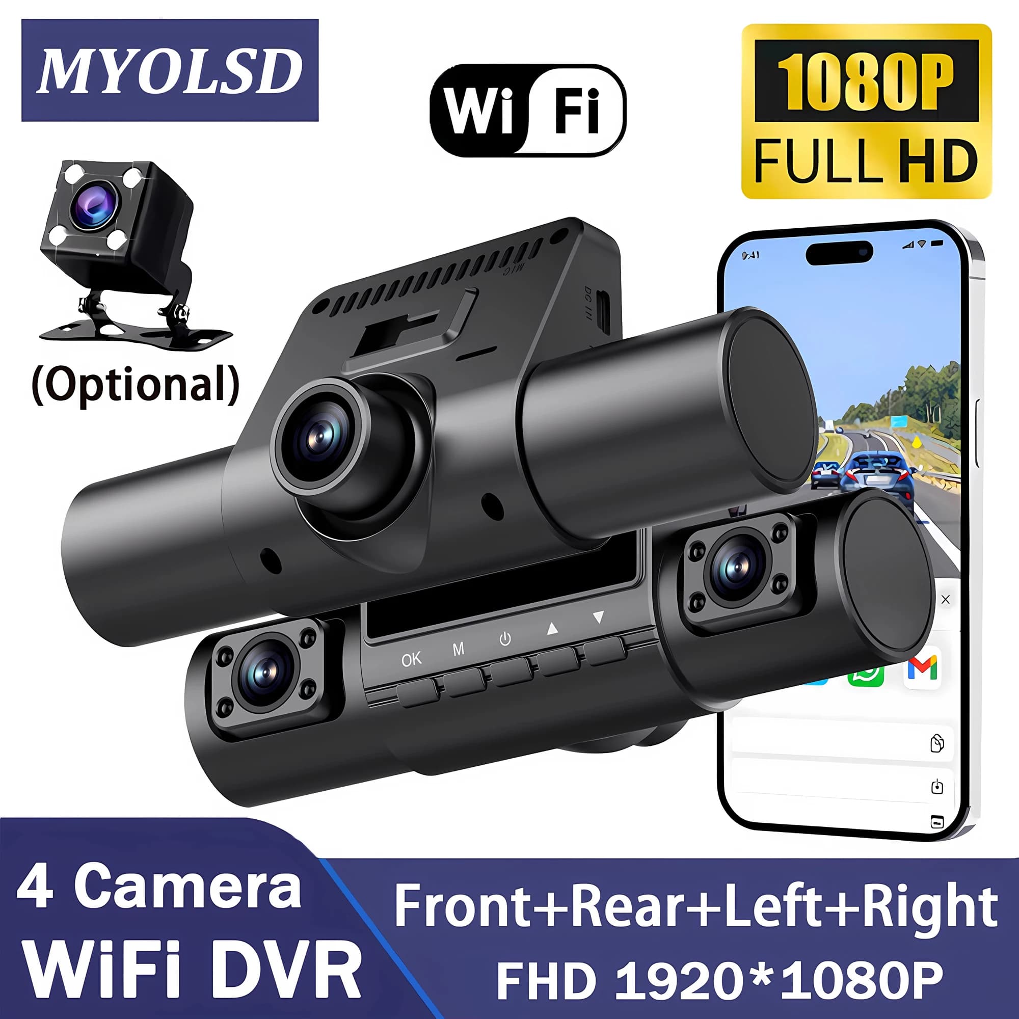 Dash Cam 360 Degrees with 4 Cameras for Cars, DVR Car WIFI 1080P, Video Recorder with 4 Channels with Front Camera and Back, Night Vision