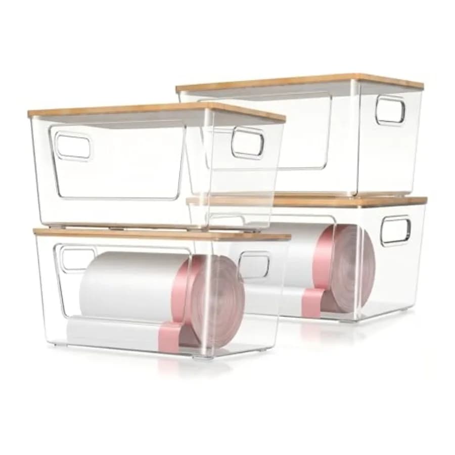 Trash Bag Holder with Bamboo Lid, Stackable Trashbag Dispenser, Extra Large Garbage Bag Holder for Kitchen Laundry Room Under S