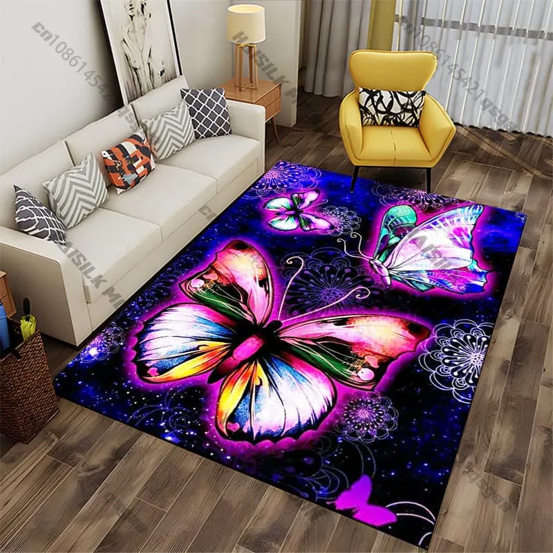 Carpet with bright butterflies that shine of a cosmic beauty, yoga mat, decoration for living room, baby crawler mat, tib mat, carpet for play area