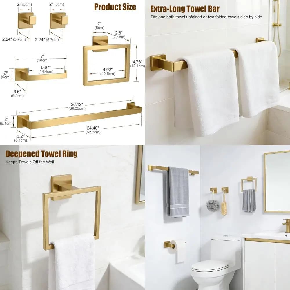 Set di Accessori per Bagno in Acciaio Inox Spazzolato Oro 24.48: Porta Asciugamani, Anello Porta Asciugamani, Ganci e Porta Carta Igienica