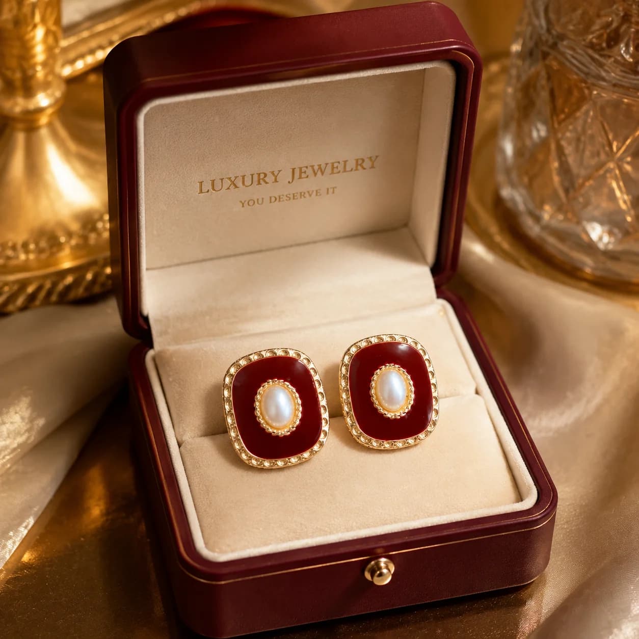Vintage Wine Red Enamel Square Stud Earrings Natural Freshwater Pearl Earrings French Palace Style Luxury Jewelry for Women