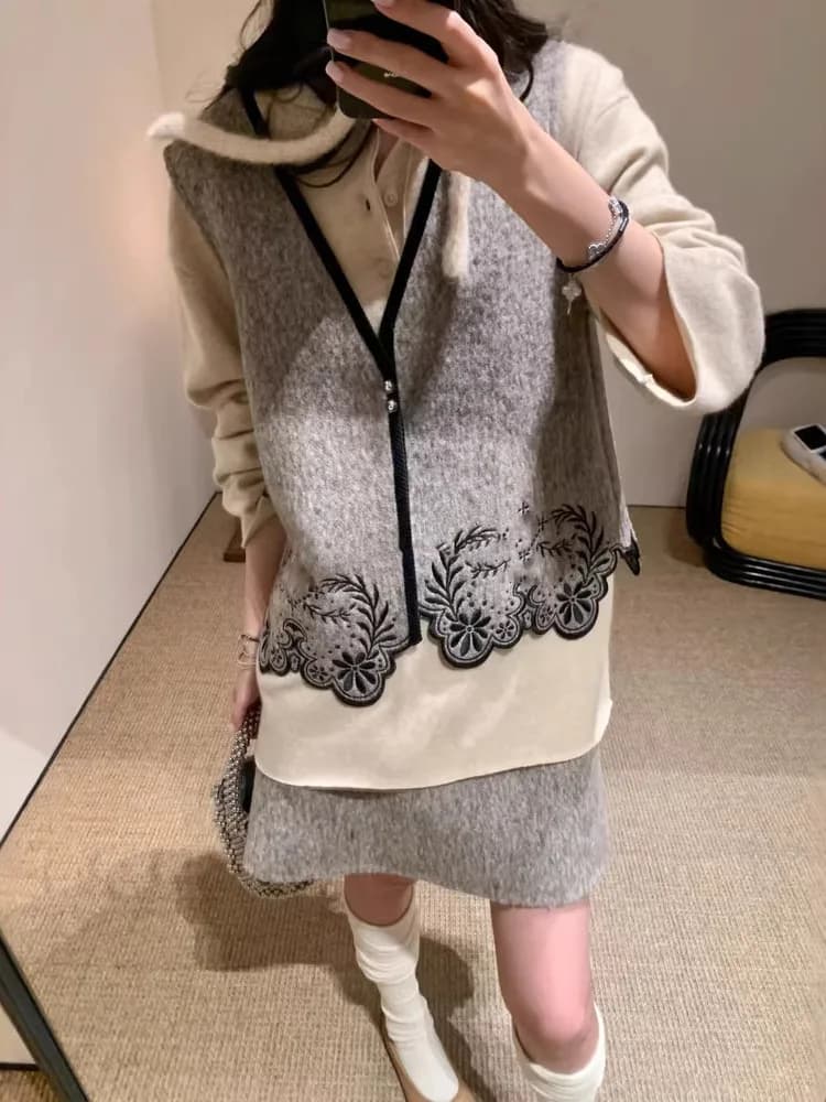 Gilet in Lana con Ricami Elaborati, Due Colori, Motivo a Fiocchi di Neve, Giacca in Lana con Scollo a V, Stile Lungo, Moda Femminile