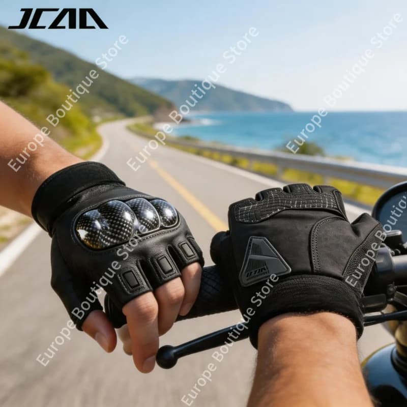 2026 NEW Summer Half Finger Motorcycle Gloves Genuine Leather Breathable Carbon Fiber Shell Short Anti Fall Riding Gear for Men
