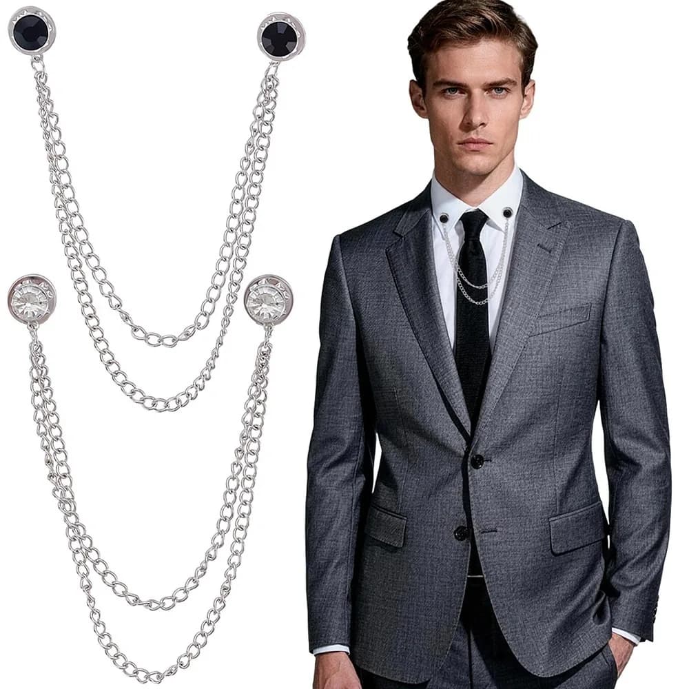 2Pcs 2 Colors Flat Round Zinc Alloy Rhinestone Lapel Pin Backs Hanging Chain Brooch for Clothes Backpack Mixed Color 170mm