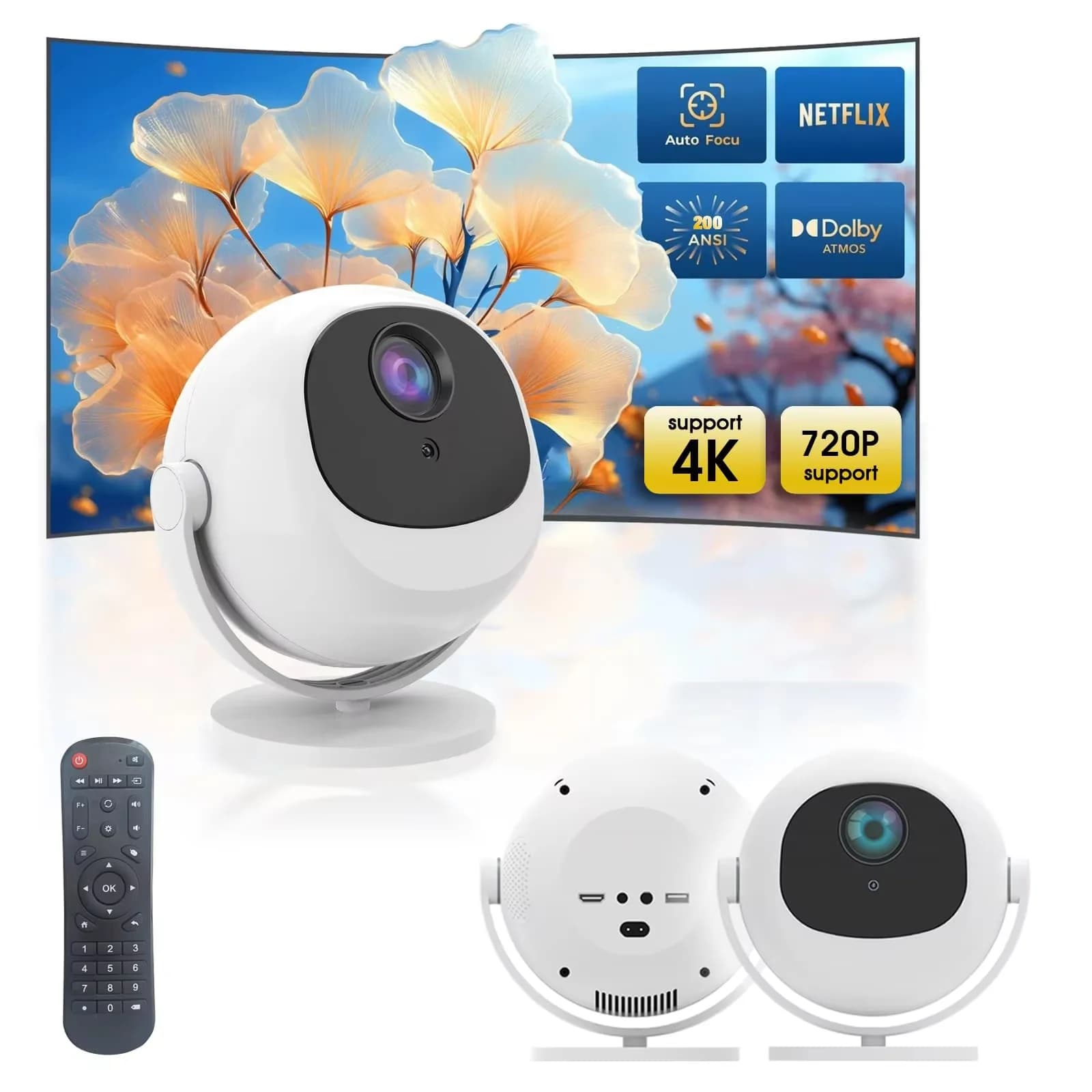 Mini Proiettore Sferico, 360° ° Proiettore Smart Rotante, WiFi 6 e Bluetooth 5.2, Proiettore Portatile per Casa