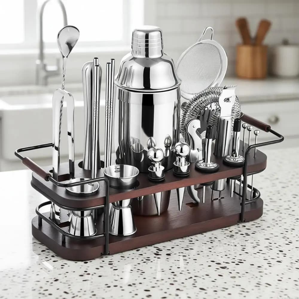Set Shaker per Cocktail con Supporto, Kit da Barman | Set Completo da Bar 24 Pezzi con Tutti gli Accessori per Cocktail