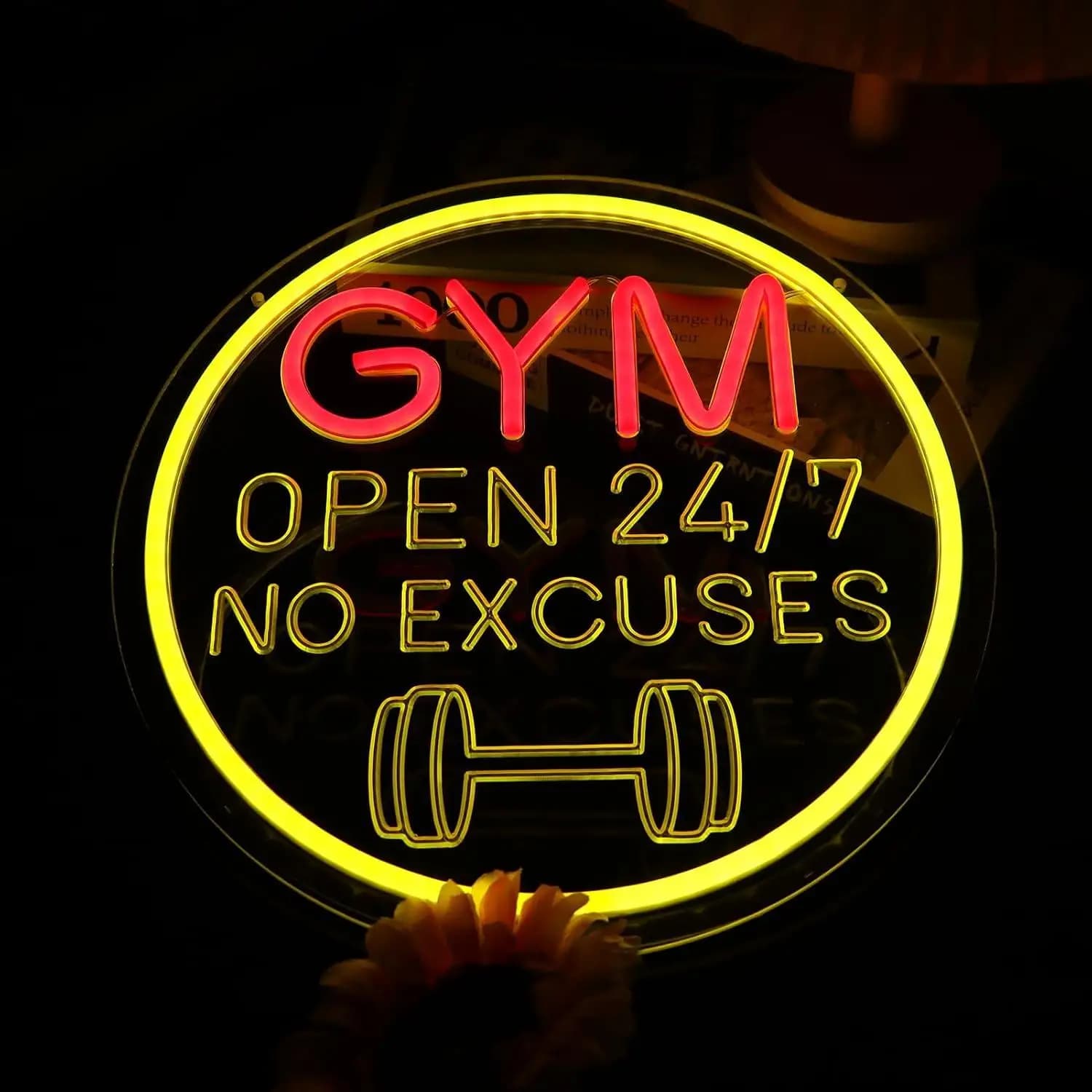 Gym Open 24/7 No Excuses Neon Sign Dimmable LED Light for Fitness Club Man Cave Gym Studio Workout Themed Aesthetic Decor Gifts