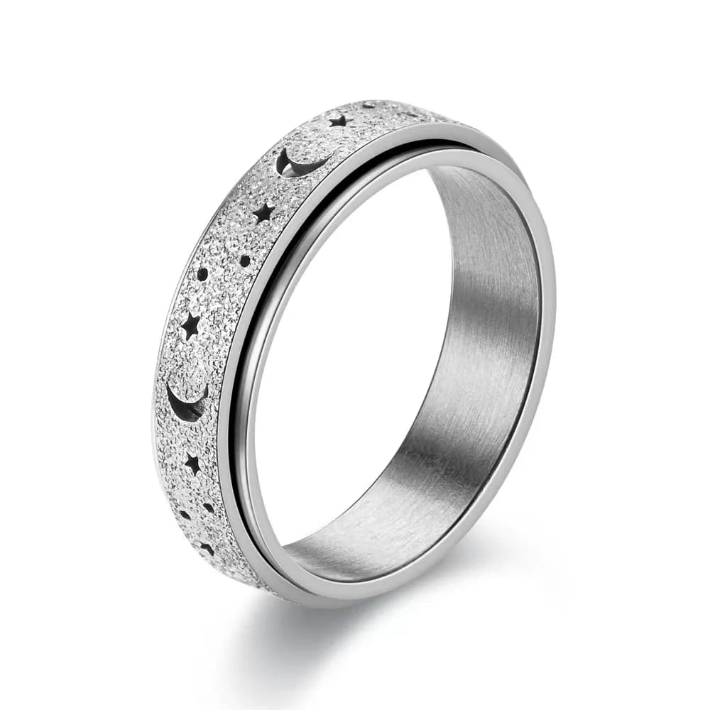 Anello Girevole Antistress in Acciaio Inossidabile Satinato con Luna e Stella, Gioiello Unisex alla Moda