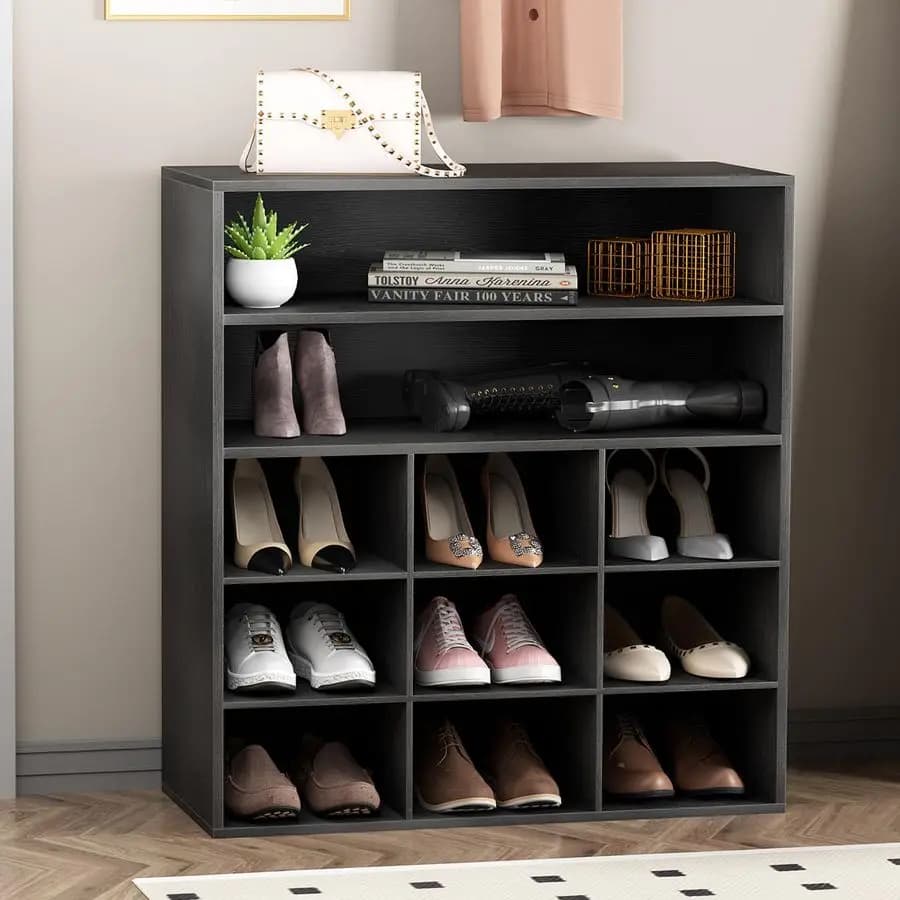Organizer for Shoes, 5 Shelves in Wood with 2 Shelves and 9 Shelves, Mobile Shoe Holder for Entrance and Corridor