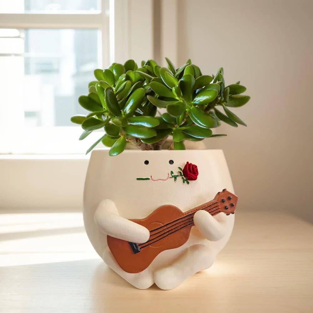 Vasi per Piante Succulente a Forma di Seduta Lunga Unica, Fioriera a Testa di Persona Carina e Divertente in Resina, Vaso a Forma di Ukulele per Piante String of Pearls
