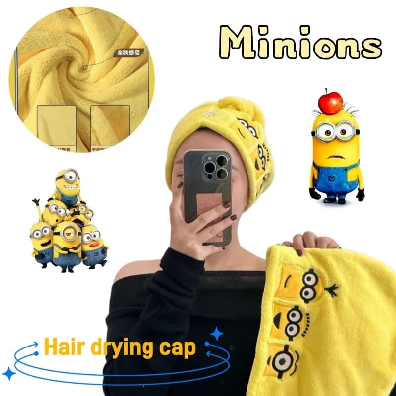 Asciugamano per Capelli a Forma di Minion, Asciugatura Rapida, in Pile Corallo, Assorbente, con Ricamo Carino, per Bambine