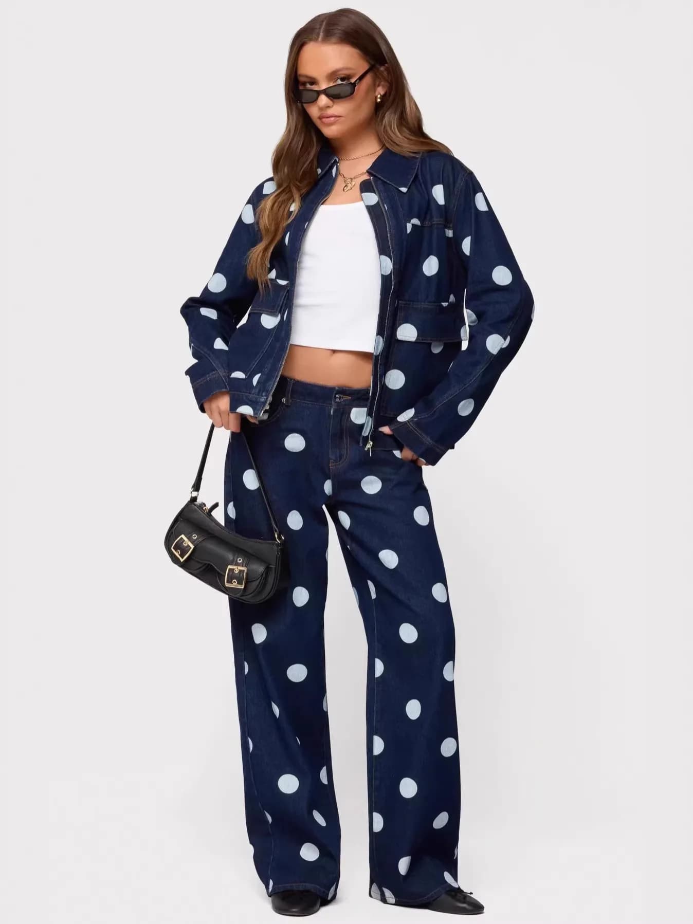 Personalized Polka Dot Wide Leg Jeans Women's Casual Deep Color Personality High Waist Zipper Fly Blue Denim Fashionable