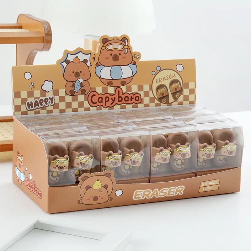 32 pcs (16 boxes) Cartoon Cute Capybara Slippers Pencil Erasers for Writing Supplies Back To School