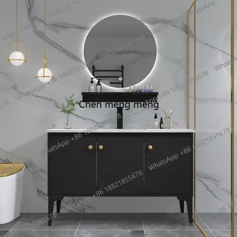 Mobiletto da bagno di lusso in legno massello con specchio leggero, semplice e moderno, da pavimento, per lavabo, lavabo, mobili da bagno