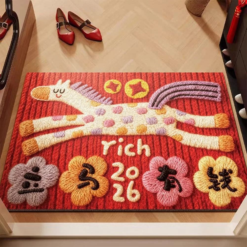 Simpatico tappetino per porta con motivo a cavallo per Capodanno, tappeto rosso per porta, tappetino da bagno antiscivolo, assorbente, decorazioni per la casa