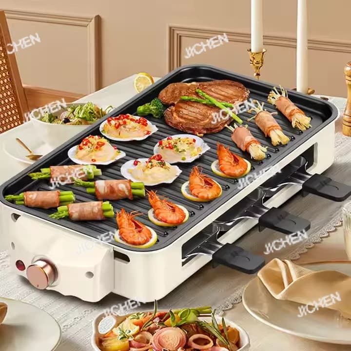 Griglia Elettrica Multifunzione da Interno per Teppanyaki, Padella per Cottura e Frittura con Vassoio Rimovibile, Barbecue Senza Fumo per Pesce
