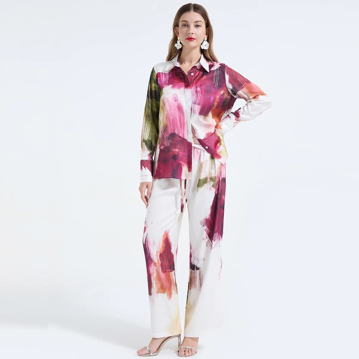 Women Pants Sets 2 Piece Set Long Sleeve Shirt Retro Blouses Straight Leg Trousers 2026 Spring Summer Casul Light Thin Lady Suit