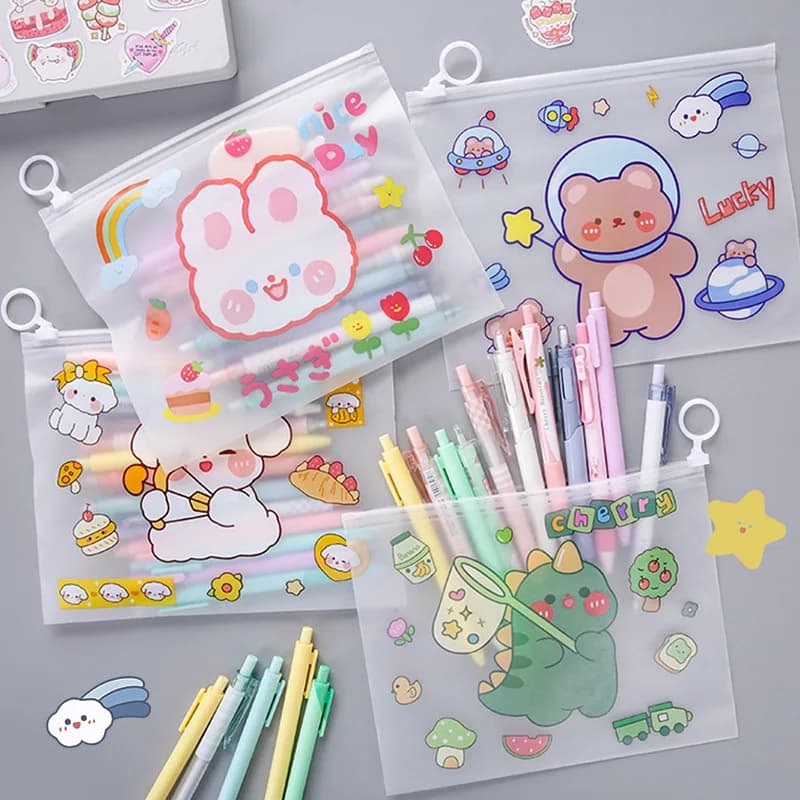 Cartella Portadocumenti in Plastica Trasparente, Borsa con Cerniera per Studenti, Porta Test Impermeabile con Design Cartone Animato Carino
