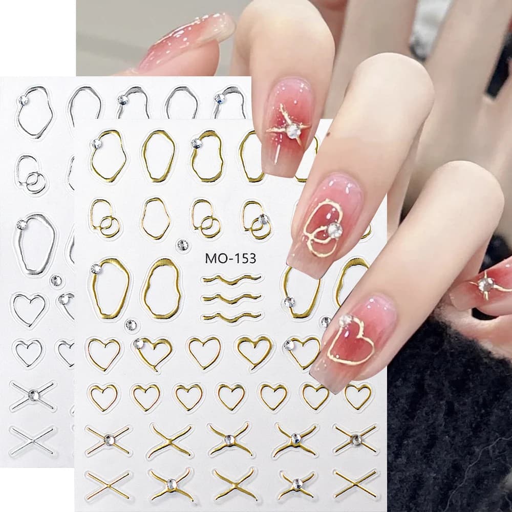 2 Pezzi Strisce Oro e Argento 3D per Nail Art con Strass, Linee Metalliche Semplici, Decorazioni a Specchio per Unghie, Decalcomanie Fai da Te per Manicure