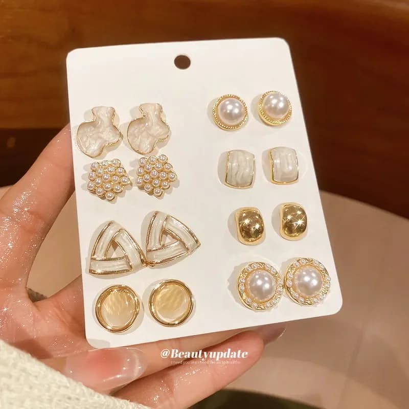 2026 Silver Needle Dripping Oil Opal Pearl Stud Earrings Set Simple Fashion Temperament Versatile Light Luxury High-End