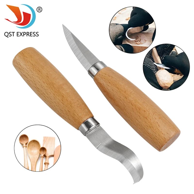 Stainless Steel Cutlery Knife Beech Wooden Handle Curved Straight Knife Wood Cutting Knife Set of wood carving tools