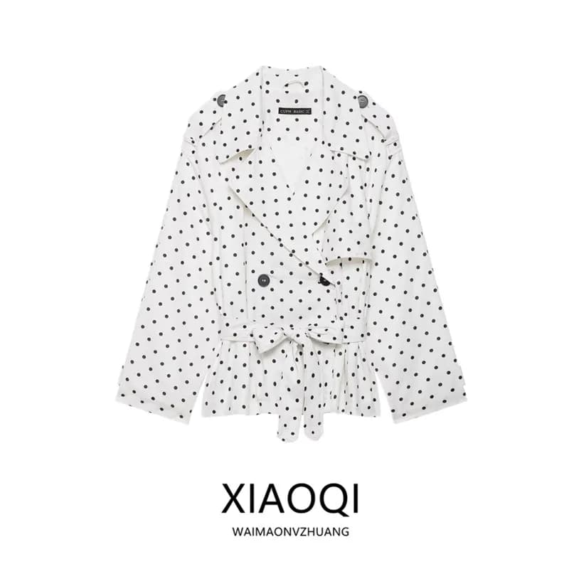 Summer 2026 New Polka Dot Long Sleeve Turn-down Collar Windbreaker Jacket Women's Short Outerwear Double-breasted Commuter Style