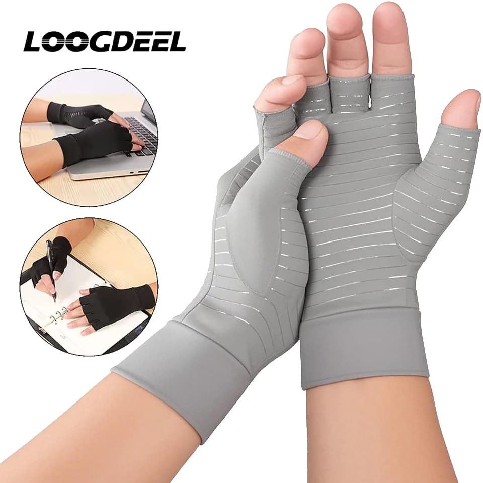 LOOGDEEL 1 pair of anti-slip compression fitness gloves, half fingers copper fiber nurse gloves, for outdoor sports, driving, riding, fishing