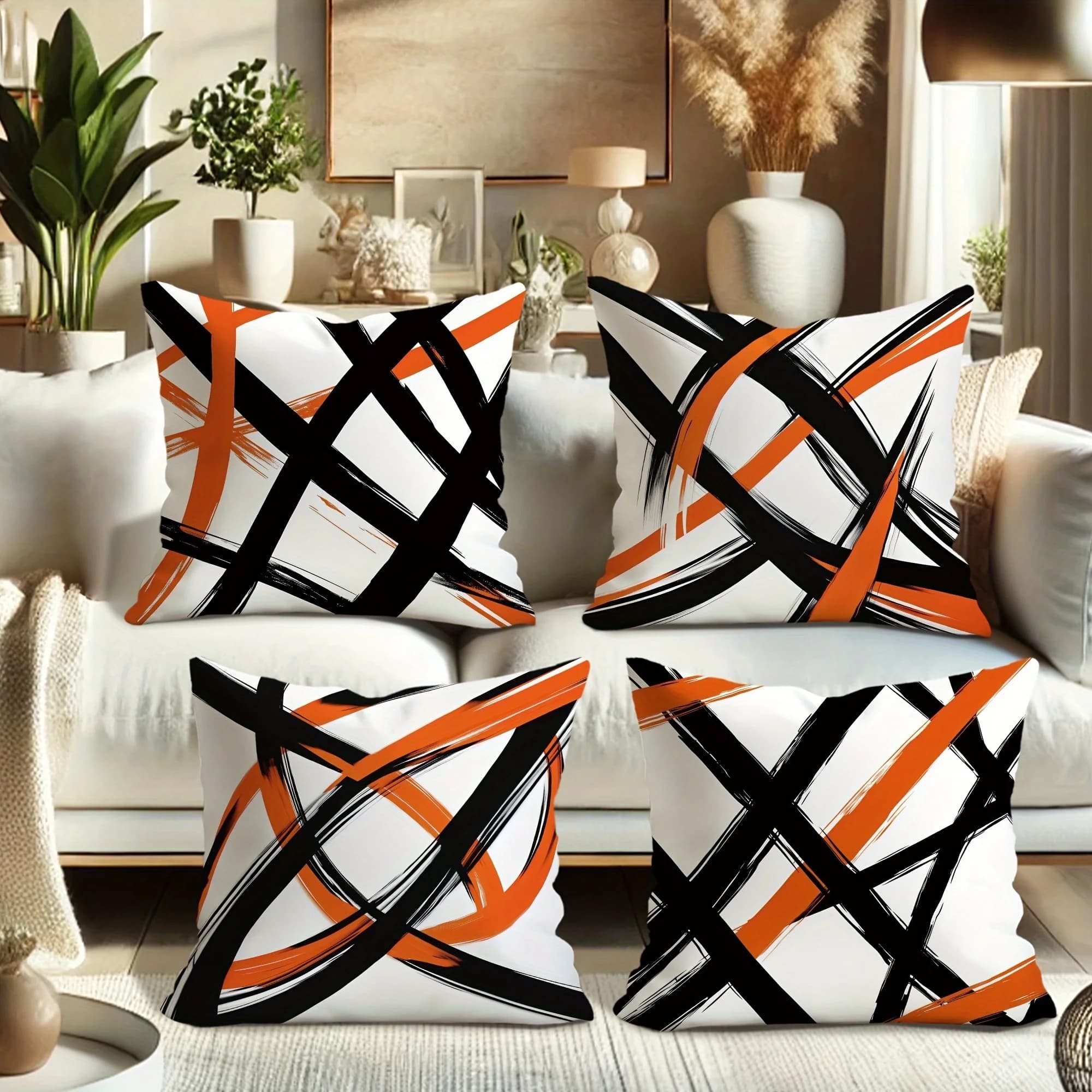Abstract Geometric Throw Pillow Covers 4pcs Modern Cushion Case Set Black Orange Sofa Home Decoration 45x45cm