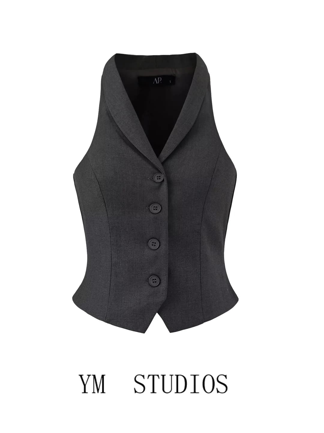 Retro Spicy Girl Style Slim Grey Short Suit Vest Summer V-neck Trendy Women's Jacket Commute Style Single Button Closure