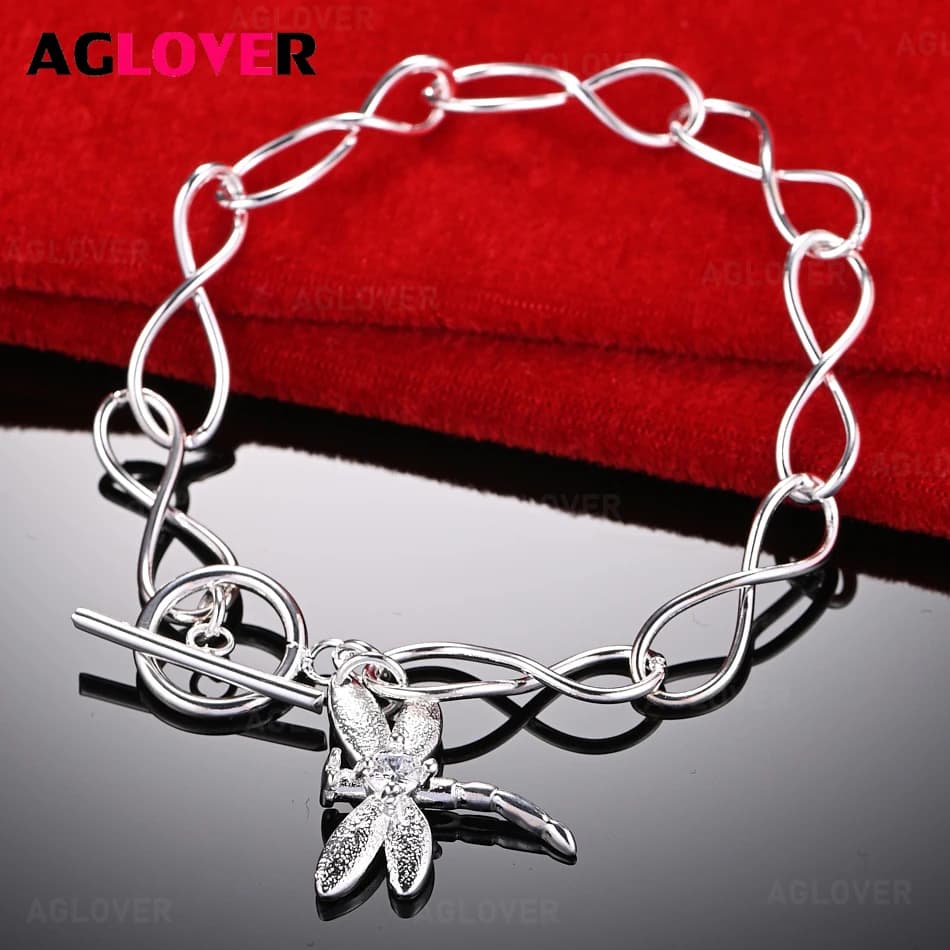 AGLOVER Bracciale con Ciondolo a Forma di Libellula e Lucchetto a 8 in Argento Sterling 925, Gioiello da Donna per Feste e Matrimoni