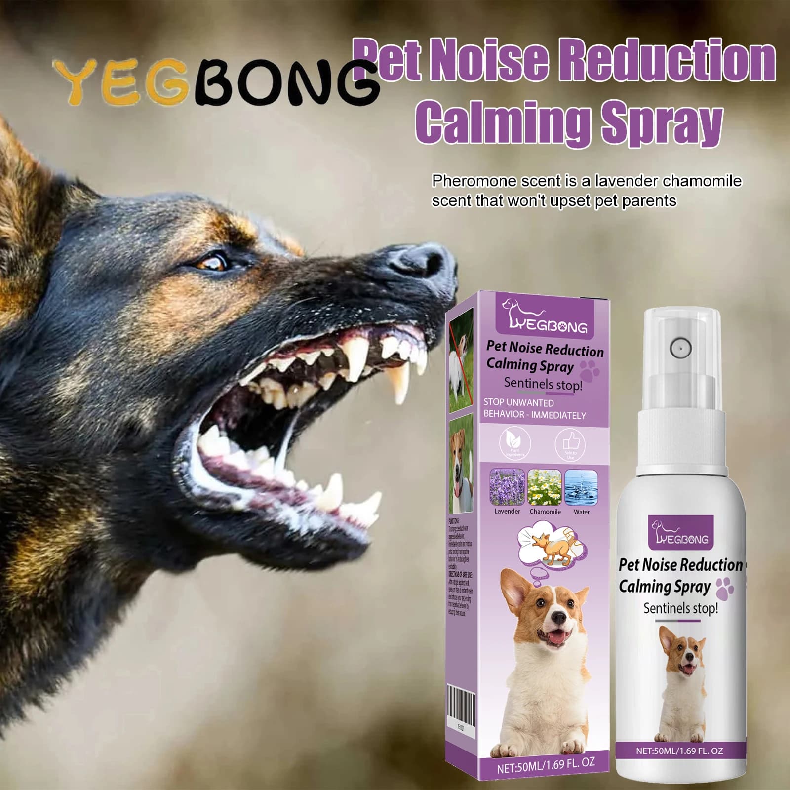 YEGBONG 50ml 2PCS Spray per alleviare l'ansia dal rumore degli animali domestici Prevenzione dello stress Supporto calmante per cani e gatti con ipoallergenico naturale