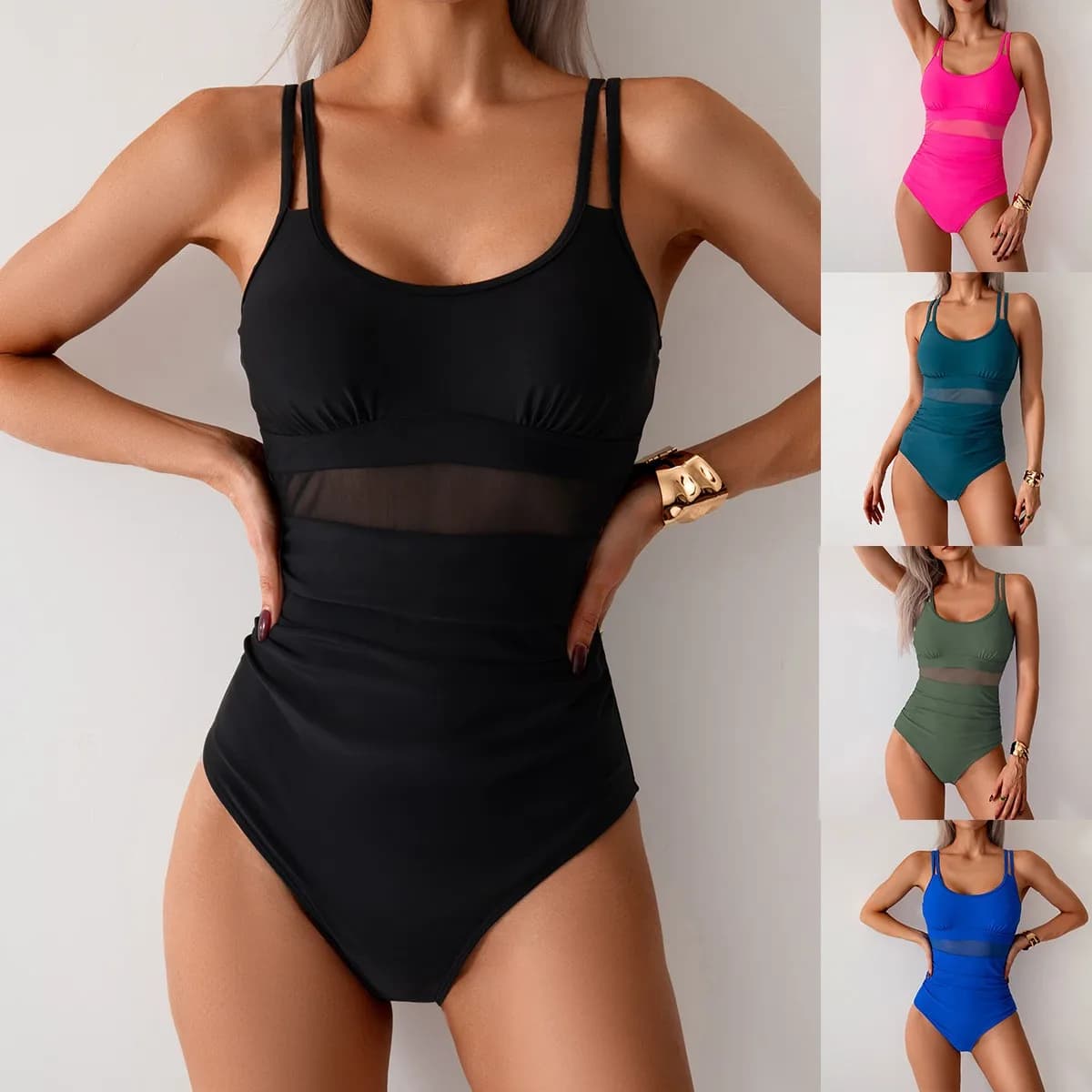 Costume da bagno intero da donna tinta unita con vita arricciata e taglio alto sulle gambe, nero, sottile