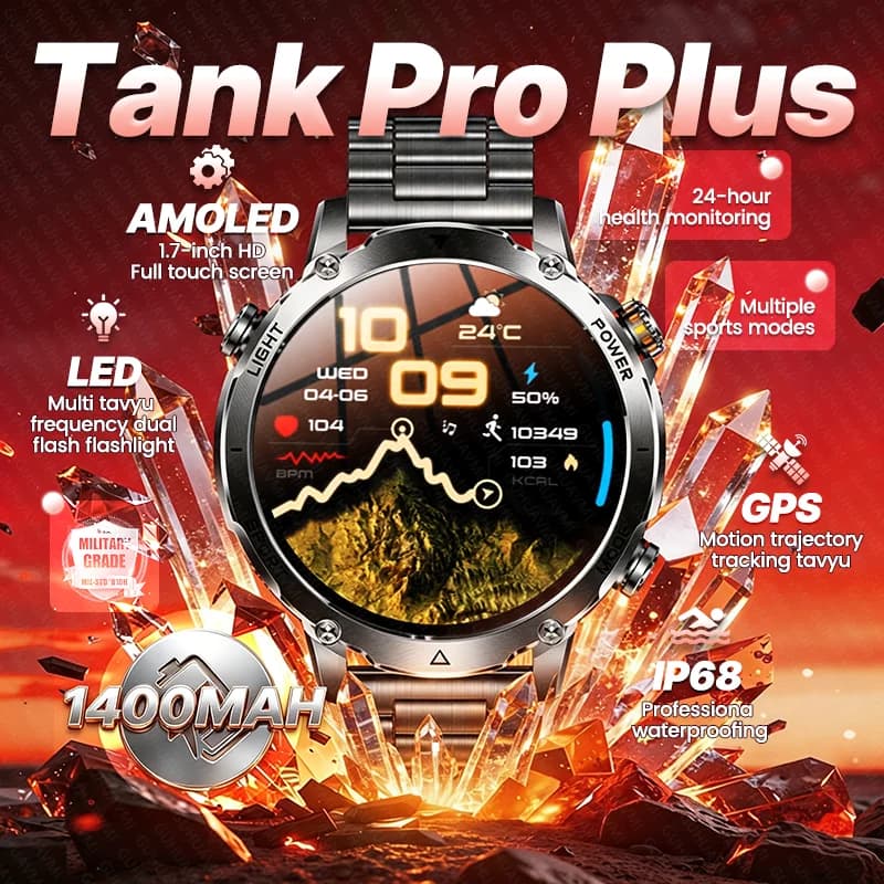 Nuovo Smartwatch Tank Pro Plus per Uomo, Batteria 1400mAh, Torcia, GPS, Impermeabile IP68, Chiamate Bluetooth, Display AMOLED