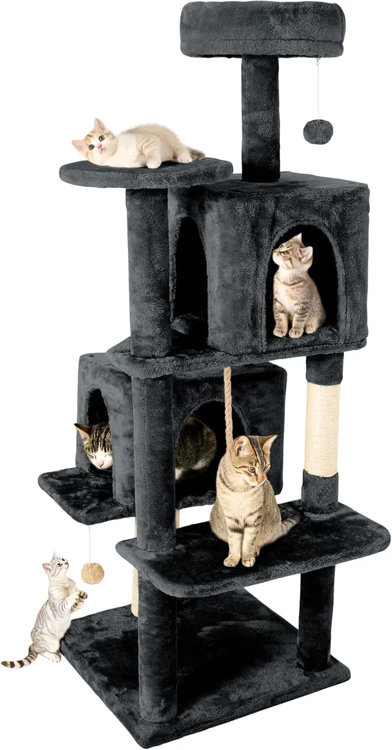 Albero per Gatti da Interno Grande 59 Pollici, Due Cucce, Pali in Sisal e Giocattolo Sospeso, Grigio Scuro