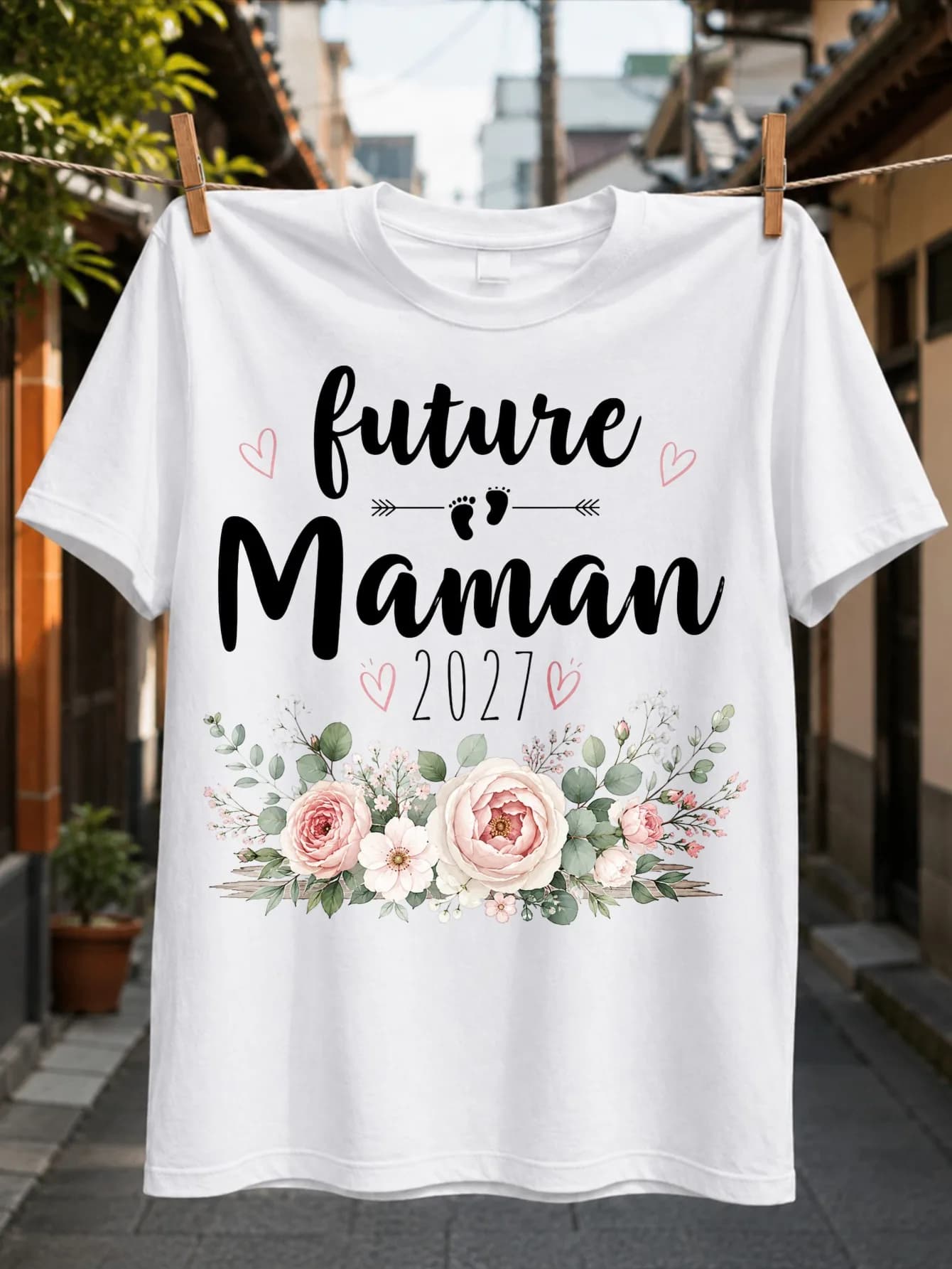 Future Maman 2027 lettering with baby footprints heart arrow and blush gray floral bouquet in Unisex All T-Shirt