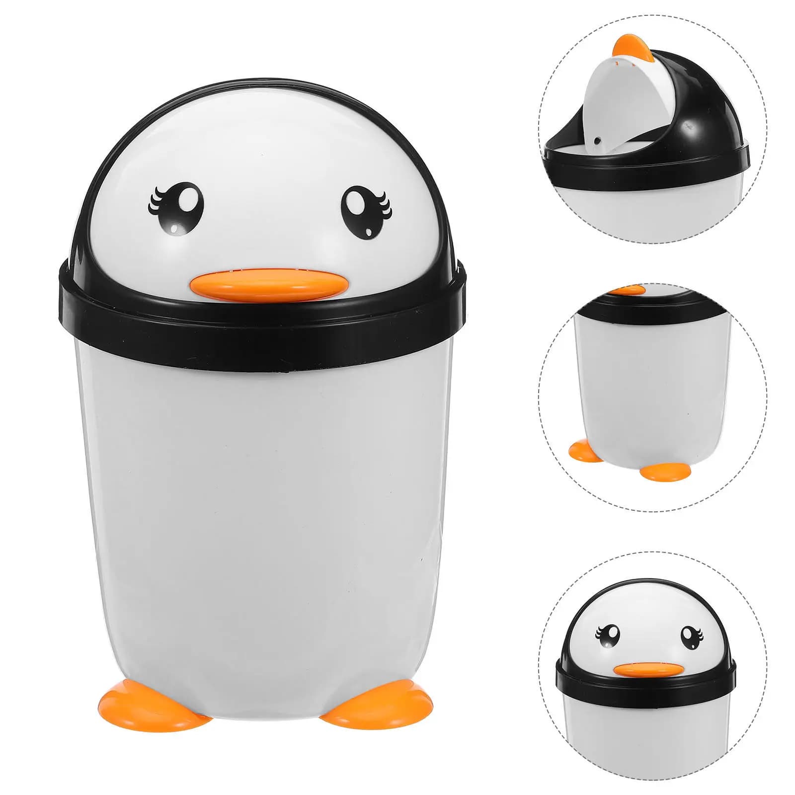 Cestino per Rifiuti con Coperchio Oscillante a Forma di Pinguino Bianco e Nero, Cestino da Scrivania in Plastica per Camera da Letto, Ufficio, Auto, Cucina, Creativo per Cameretta Bambini