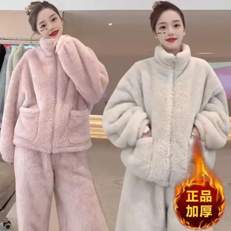 Autunno Inverno delle Donne Caldo Pigiama Set Corallo Pile Degli Indumenti Da Notte di Flanella di Spessore Cerniera Cardigan Pigiama Casual Homewear Abiti 2 PZ