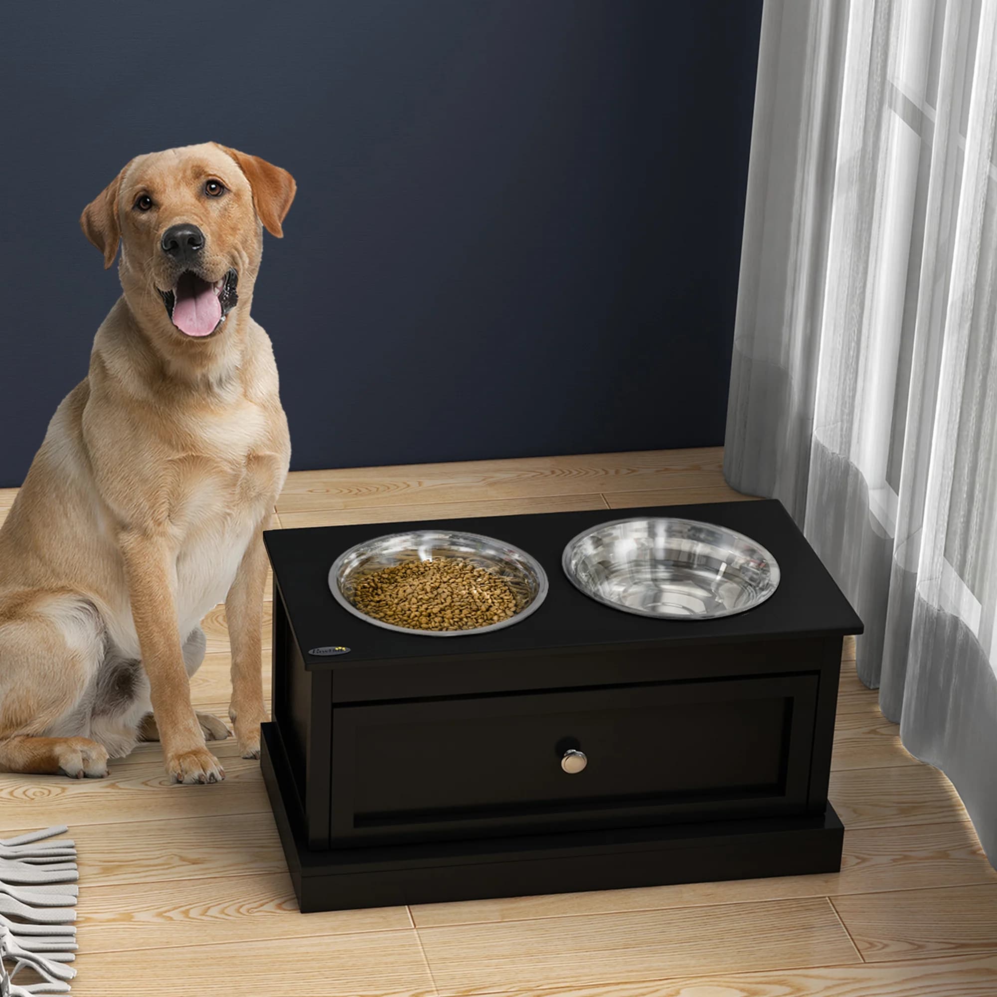 Ciotole Rialzate per Cani con Cassetto Portaoggetti, Supporto per Ciotole Rialzate, Stazione di Alimentazione per Cani, Nero