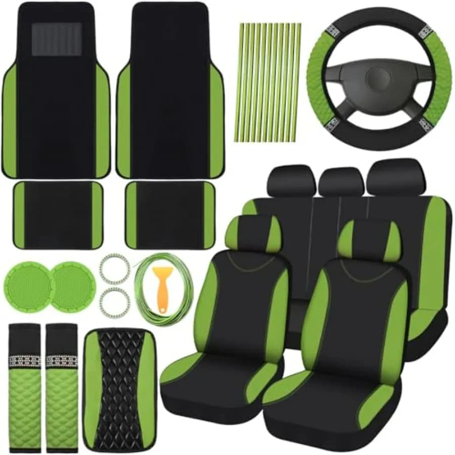 Set di 43 Accessori Auto Luccicanti per Donne, Protezioni per Sedili Anteriori e Posteriori in Poliestere, Copriruota, Tappetini per Auto