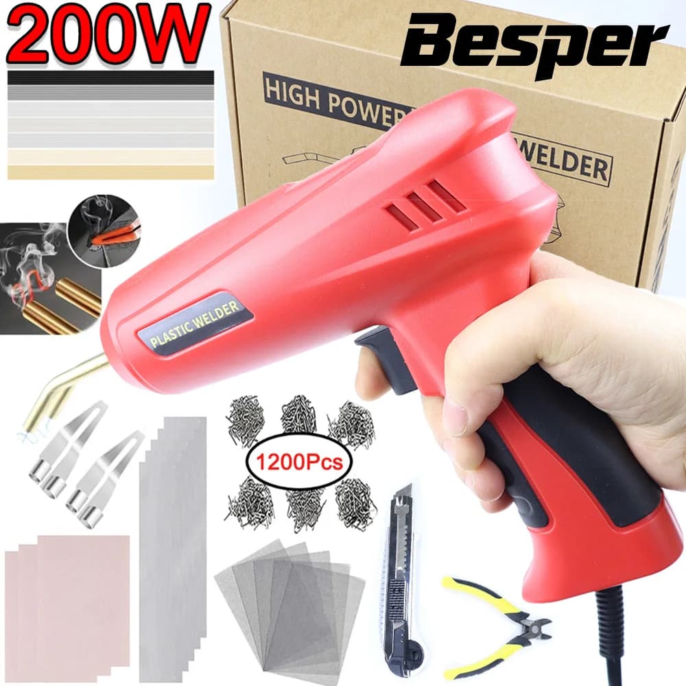 Besper Saldatore di plastica da 200 W, kit di saldatura di plastica 2in1 Saldatore di riparazione di plastica Cucitrice a caldo Pistola per saldatura Paraurti per auto Riparazione di plastica
