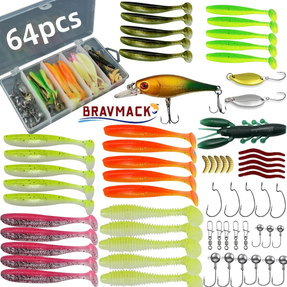 BRAVMACK 64pcs Two-Tone Bionic T-Tail Soft Worm Lure Set Lead Head Hook Bass Mandarin Fishing Pesca