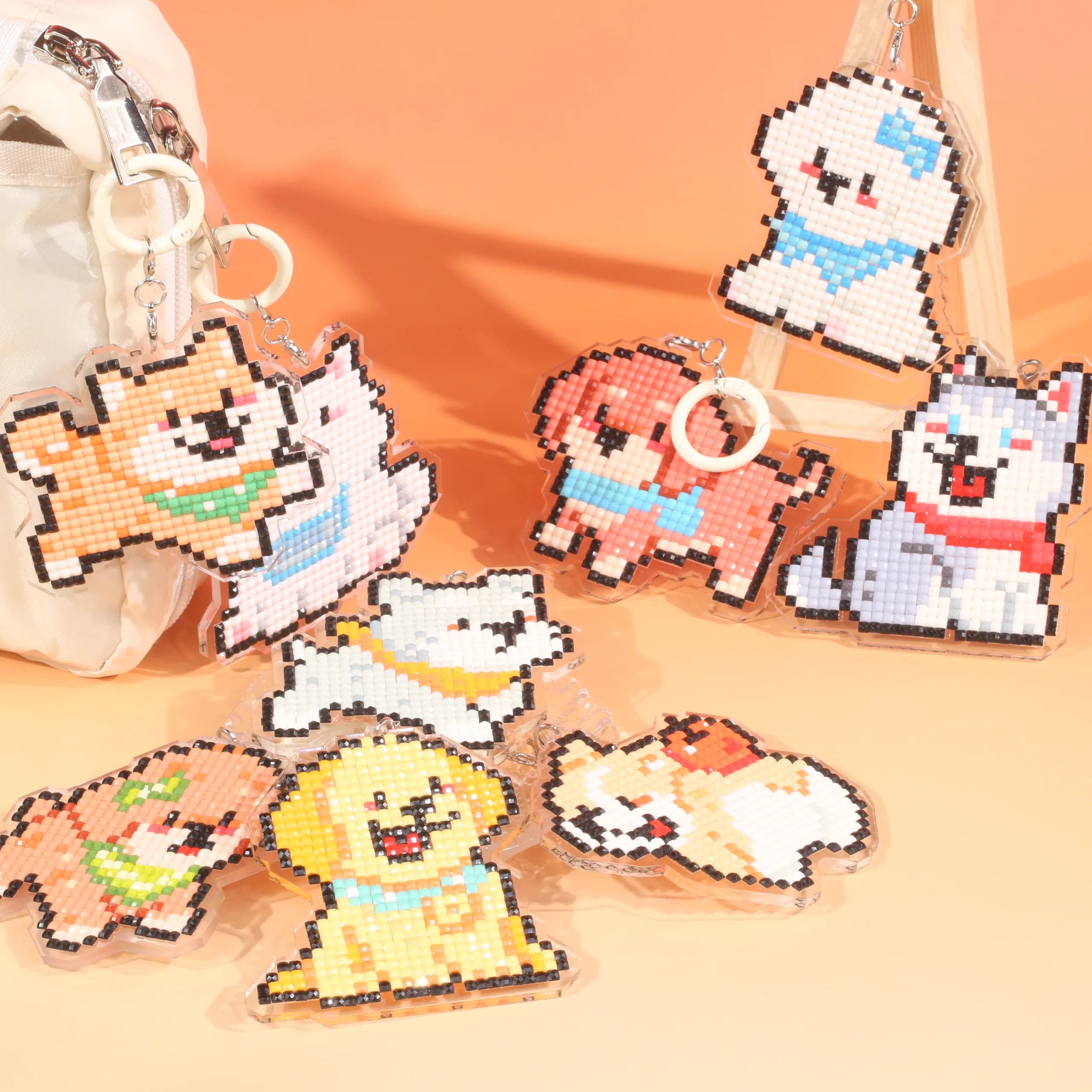 Forever Young 9PCS Pixel Puppy Diamond Painting Keychain Kit - Resin Square Drill DIY Pendant Kit