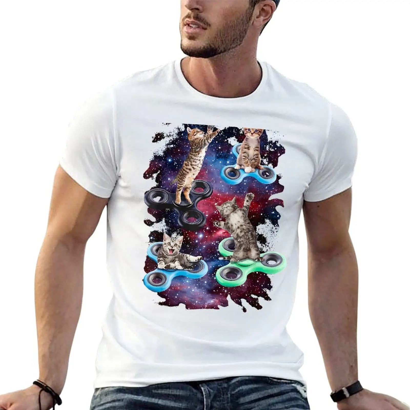T-shirt Fidget Spinner Fidget Kitties In Space, t-shirt con stampe, t-shirt in cotone, t-shirt da uomo, t-shirt in cotone