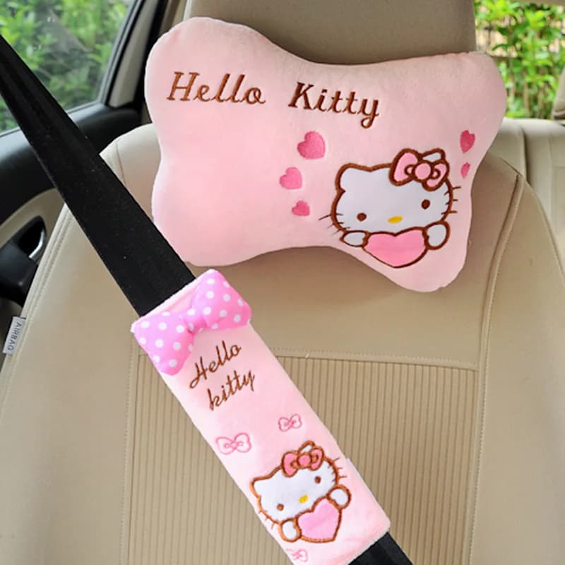 2 Pezzi Cuscino Poggiatesta Auto Sanrio, Cuscino di Supporto per Collo e Lombare in Peluche Caldo Invernale, Cuscino Regolabile per Sedile Auto, Copri Cintura di Sicurezza
