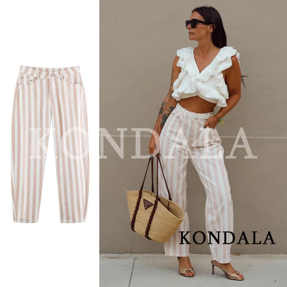 KONDALA Women Trendy Casual Striped Denim Pants 2026 Summer Early Fall Fashion Elegant Chic Pants Commute Lady Pockets Trousers