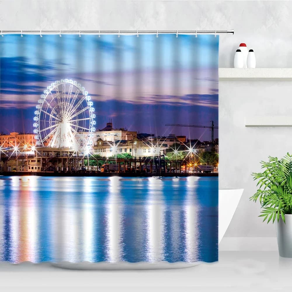 Tende da doccia con vista notturna, ruota panoramica, paesaggio urbano, tessuto impermeabile, schermo per vasca da bagno, decorazioni per la casa, tenda da bagno